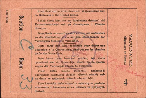 Back Side of US Immigration Inspection Card, Norwegian Immigrant, Lauri A. Grava from Haugo, Voss, Norway. 