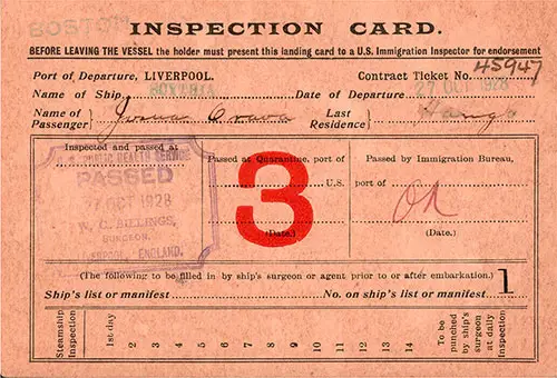 Front Side of US Immigration Inspection Card, Norwegian Immigrant, Josua Grava from Haugo, Voss, Norway