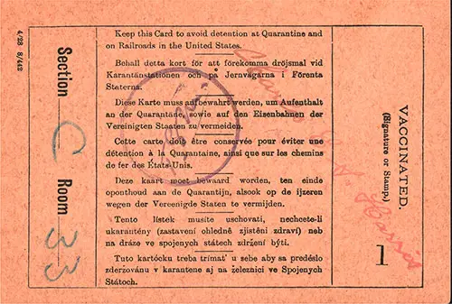 Back Side of US Immigration Inspection Card, Norwegian Immigrant, Josua Grava from Haugo, Voss, Norway.