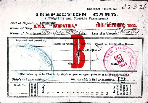 Immigrant Inspection Card - RMS Carpathia 1904 Liverpool to New York