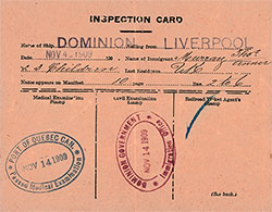 Front Side, Canadian Immigrant Inspection Card, SS Dominion Sailing from Liverpool to Québec, 4 November 1909.