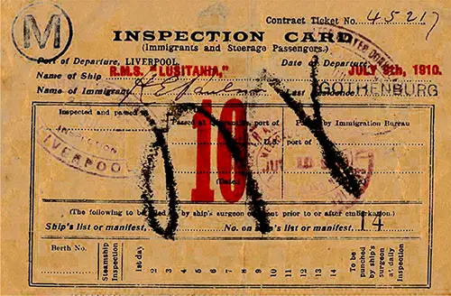1910-07-09 Immigrant Inspection Card - RMS Lusitania