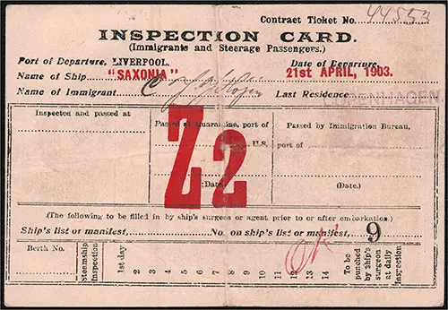 Front Side of Inspection Card (Immigrants and Steerage Passengers) for Danish Emigrant Kristian Johannes Jansen of Copenhagen