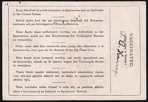 Back Side of Immigrant Inspection Card Showing Vaccination Certification by Ships' Surgeon