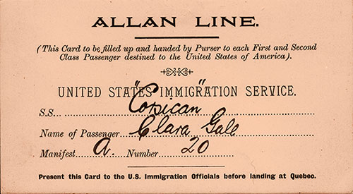 Landing Card - Canadian Port for U.S. Immigration Service - ca 1907