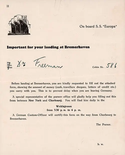 Bremerhaven Landing Notice from the Norddeutscher Lloyd Bremen SS Europa, 1934.