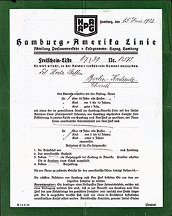 Passenger Transport Notification - Hamburg Amerika Linie 1922