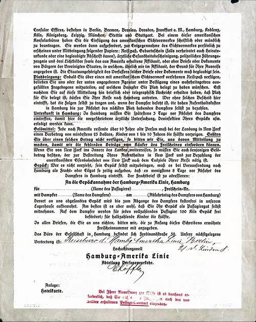 Terms and Conditions on the Reverse Side of the 1922 German Passenger Transport Notification.