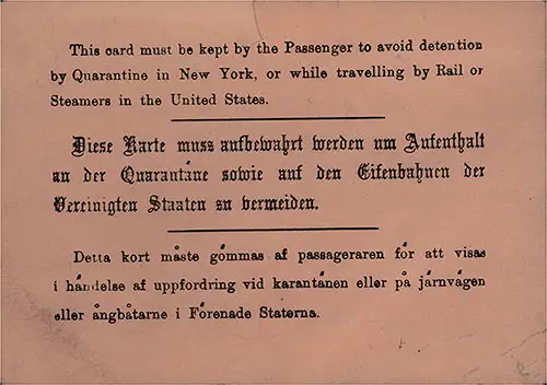 Back Side of Vacinnation Certificate Card, Issued by the American Line to I. O. Kilgarriff on 5 March 1893