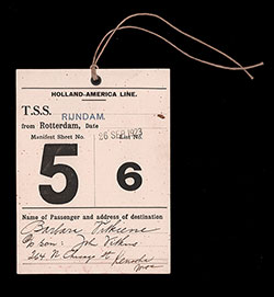 Front Side of an Immigrant Identification Tag Worn on the Outer Garment - This One Was for Barbara Vitkiene of Lithuania, 1923.