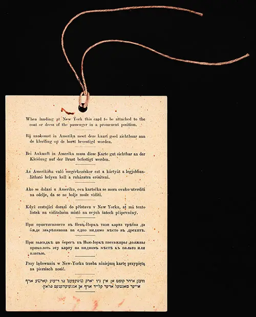 Back Side of of an Immigrant Identification Tag Worn on the Outer Garment, 1923.