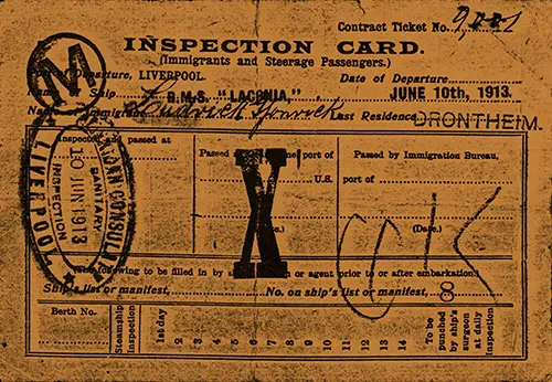 Front Side of an Immigrant Inspection Card, Issued in 1913 by the Cunard Line on Board the RMS Laconia.