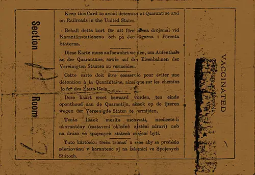 Immigrant Inspection Card - 1913 - Reverse Side