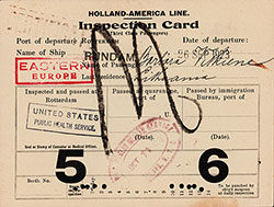 GGA Image ID # 1fb9057e16 Front Side of a Holland-America Line Inspection Card (Third Class Passengers) for Lithuanian Immigrant, Sailing on the SS Ryndam (Rijndam) from Rotterdam to New York on 26 September 1923.