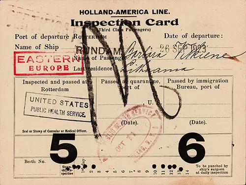 Front Side of a Holland-America Line Inspection Card (Third Class Passengers) for Lithuanian Immigrant, Sailing on the SS Ryndam (Rijndam) from Rotterdam to New York on 26 September 1923.