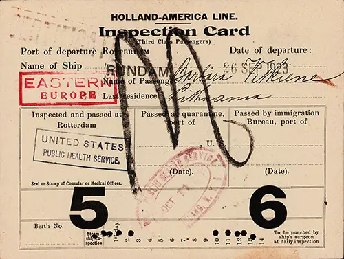 Immigrant Inspection Card for Third Class Passengers on board the TSS Rijndam of the Holland America Line, 26 September 1923.