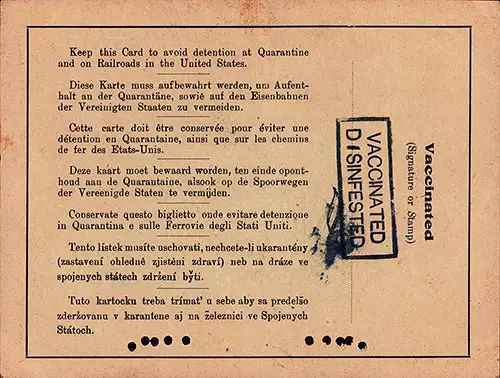 Back Side, Certificate or Inspection Card Used by the U. S. Immigration Service for Immigrants Which Indicated That They Were Vaccinated, Disinfected and Passed Daily Health Inspections during the Voyage across the Atlantic, 1923.