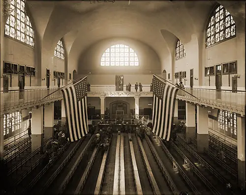 Inspection Room at Ellis Island, circa 1910.