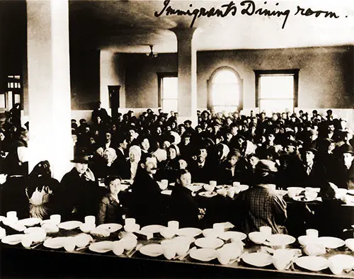 Immigrants' Dining Room at Ellis Island circa 1910.