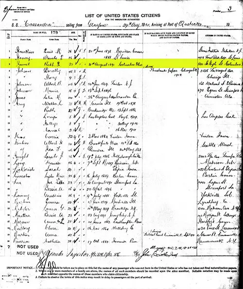 List of US Citizens Crossing Border from Canada to the United States, Arriving in Quebec on the SS Cassandra, 8 September 1914, p. 3.