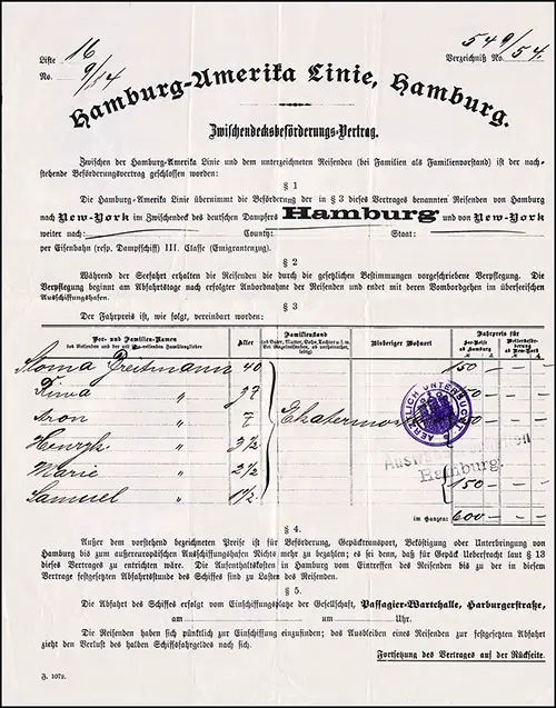 1904 Passage Contract for a German Immigrant Family on the Hamburg-American Line.