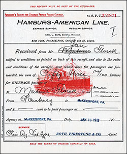Receipt for the Purchase of a Steamship Ticket and Passage From Hamburg to New York via the Hamburg America Line With Inland Passage to Mcfreesport, Pennsylvania Dated 13 January 1913.
