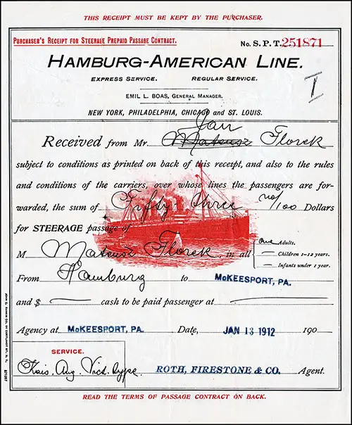 Receipt for the Purchase of a Steamship Ticket and Passage From Hamburg to New York via the Hamburg America Line With Inland Passage to Mcfreesport, Pennsylvania Dated 13 January 1913.