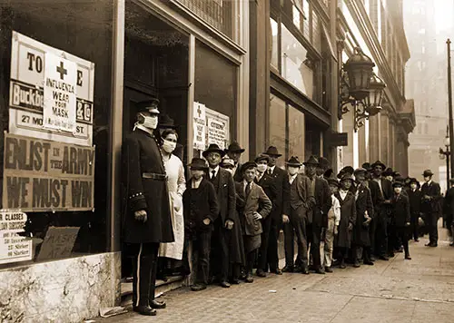People Wait in Line to Get Flu Masks to Avoid the Spread of Spanish Influenza on Montgomery Street in San Francisco, 1 October 1918.
