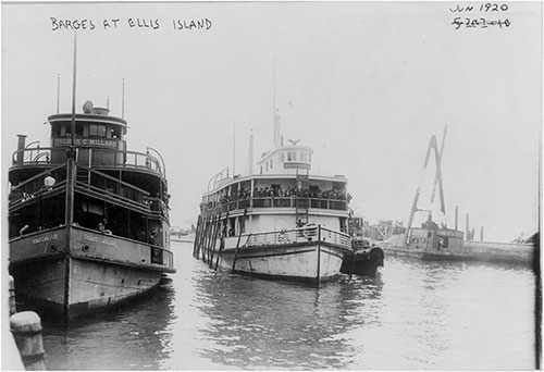 Barges Filled with Immigrants at Ellis Island, June 1920.