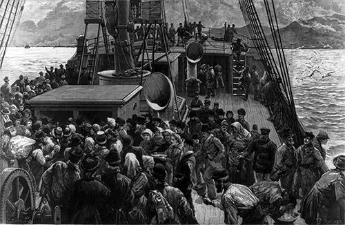 Immigrants on Deck of Emigrant Ship as Breakfast Bell Sounds. The Graphic, 1884.