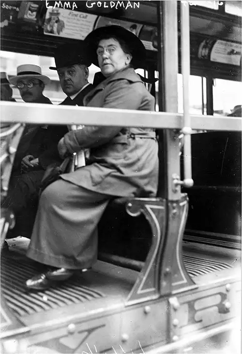 Emma Goldman seated on a streetcar with a man, possibly attorney Harry Weinberger, 1917.