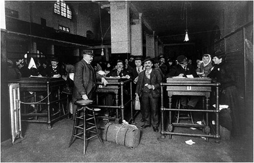 Immigration Officers Examining Documents and Immigrants at Ellis Island Immigration Station.