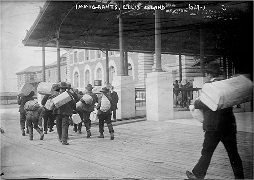 Immigrants Carrying Luggage at Ellis Island. nd. George Grantham Bain Collection. Early 1900s.