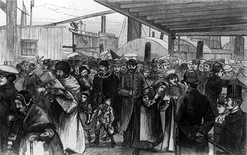 Immigrants From Steerage Landing at Castle Garden ca. 1880. Illustration by A. B. Shults.
