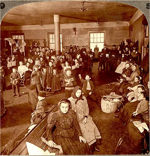 Newly Arrived Immigrants at Ellis Island Awaiting Examination.