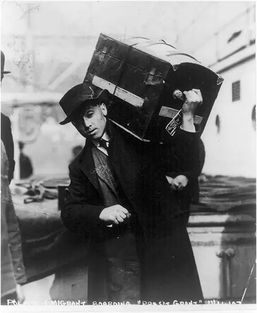 Polish Emigrant Boarding the SS President Grant Carrying Trunk on His Shoulder, 18 November 1907.
