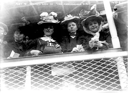 Some of the Baltic's Boatload of 1,000 Marriageable Girls Looking Down from the Railing on the White Star Liner.