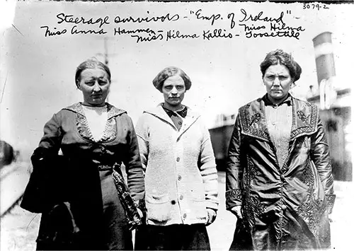 Steerage Survivors of the RMS Empress of Ireland - Miss Anna Hammen, Miss Hilma Kalis, and Miss Hilma Goosettill.