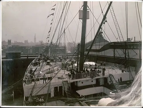 Fore Deck of White Star Liner Olympic at Dock in New York Harbor 21 June 1911.