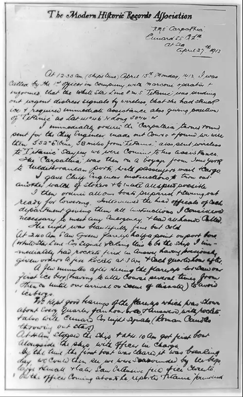 Hand-Written Account by Captain A. H. Rostron of the R.M.S. Carpathia Describing His Response to the Distress Signal of the Titanic on 15 April 1912. 
