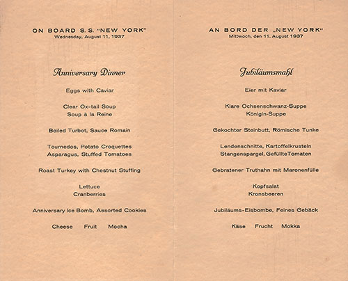 Menu Items for an Anniversary Dinner on the SS New York, 11 August 1937.
