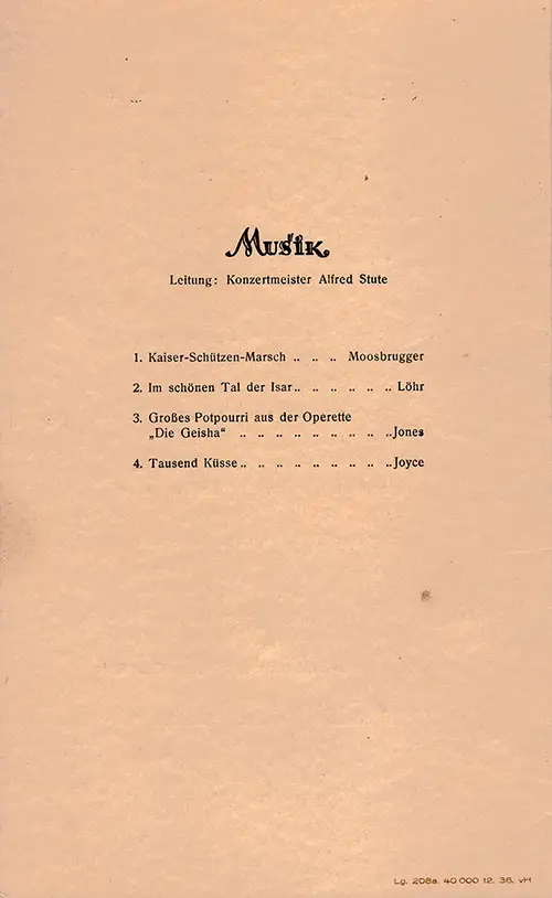 Music Program, Anniversary Dinner Menu, Hamburg American Line, SS New York, 11 August 1937. 