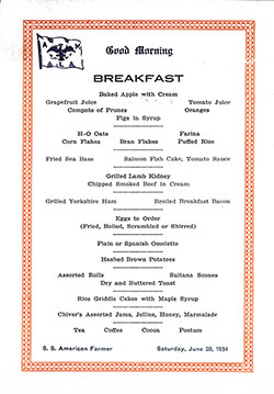 Menu Card - Breakfast Bill of Fare Card, SS American Farmer, American Merchant Lines, 1934