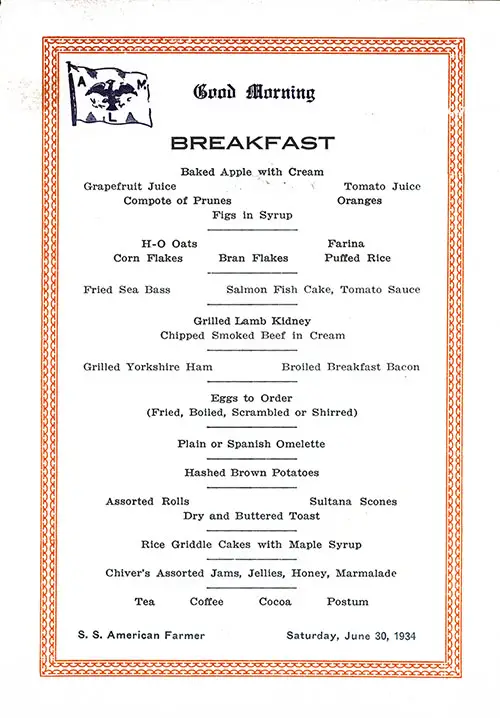 Menu Card - Breakfast Menu Card, SS American Farmer, American Merchant Lines, 1934