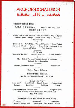 RMS Athenia Breakfast Bill of Fare Card 29 August 1930