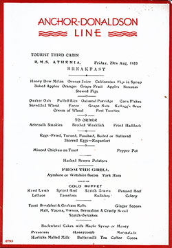 RMS Athenia Breakfast Menu Card 29 August 1930