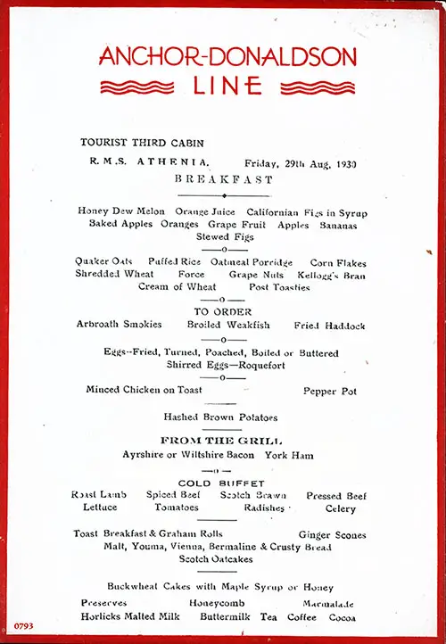 RMS Athenia Breakfast Menu Card 29 August 1930