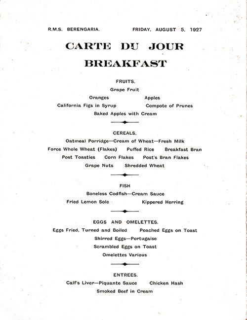 Page 1 of Menu Items from the Breakfast Menu from 5 August 1927 on board the RMS Berengaria of the Cunard Line.