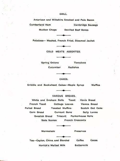 Page 2 of Menu Items from the Breakfast Menu from 5 August 1927 on board the RMS Berengaria of the Cunard Line.