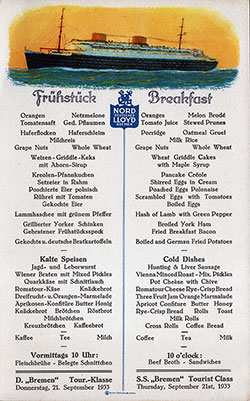 SS Bremen Breakfast Bill of Fare Card 21 September 1933